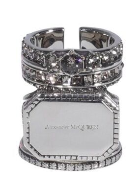 Authentic Alexander McQueen Logo Engraved Stacked Crystal Ring